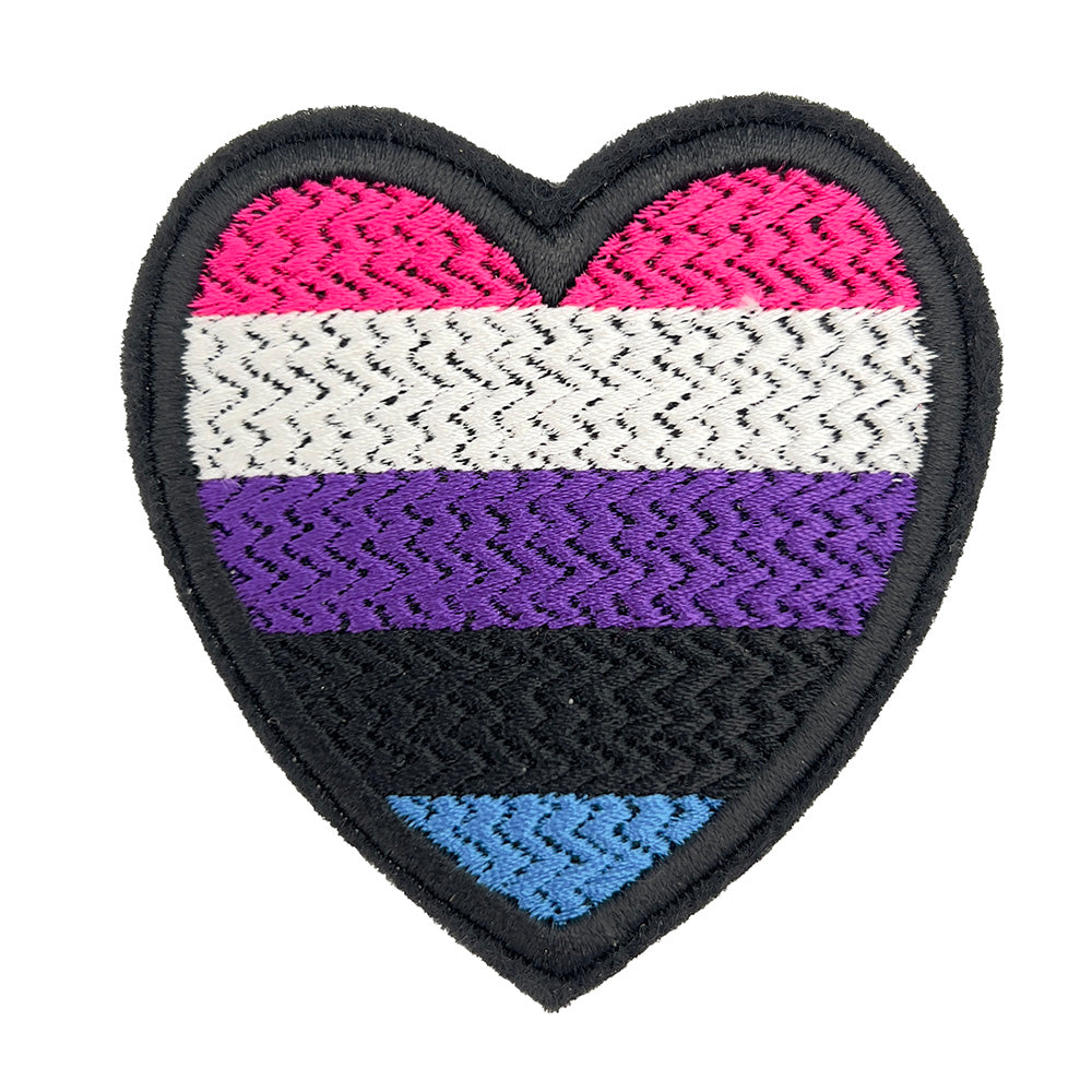 Close-up image of a gender fluid pride flag heart-shaped embroidered felt patch. The patch has horizontal stripes in pink, white, purple, black, and blue.