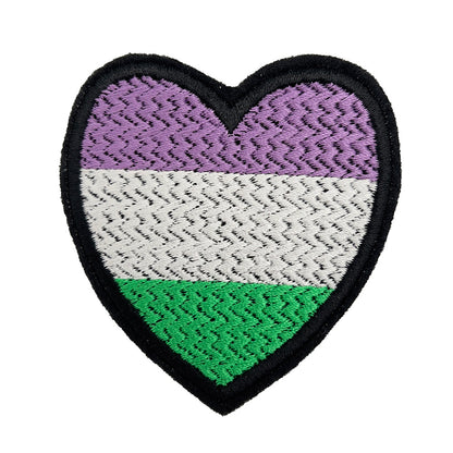 Close-up image of a gender queer pride flag heart-shaped embroidered felt patch. The patch has horizontal stripes in purple, white, and green.
