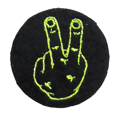 Yellow two fingers embroidered pin badge