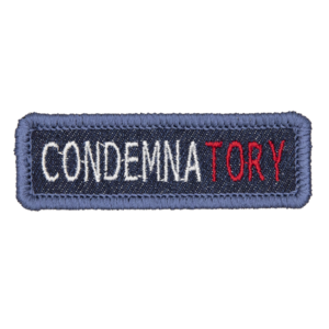 blue demin patch embroidered with the word CONDEMNATORY