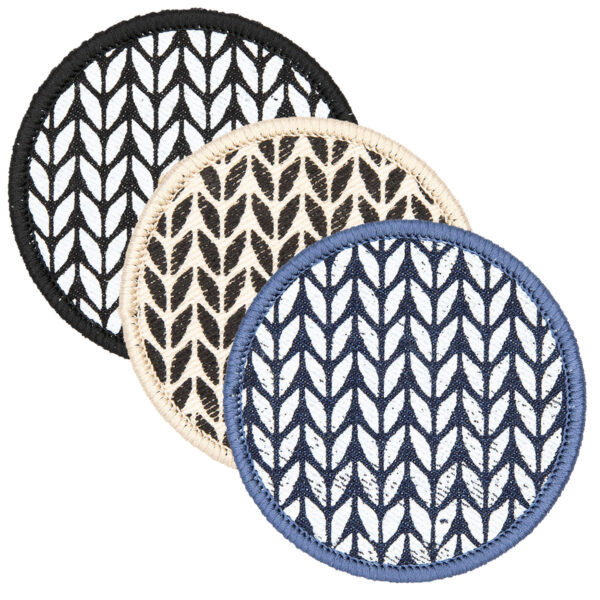 3 round patches screen printed with garter stitch design and finished with embroidered border black, cream. blue
