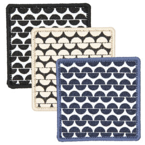 3 square patches screen printed with garter stitch design and finished with embroidered border black, cream. blue