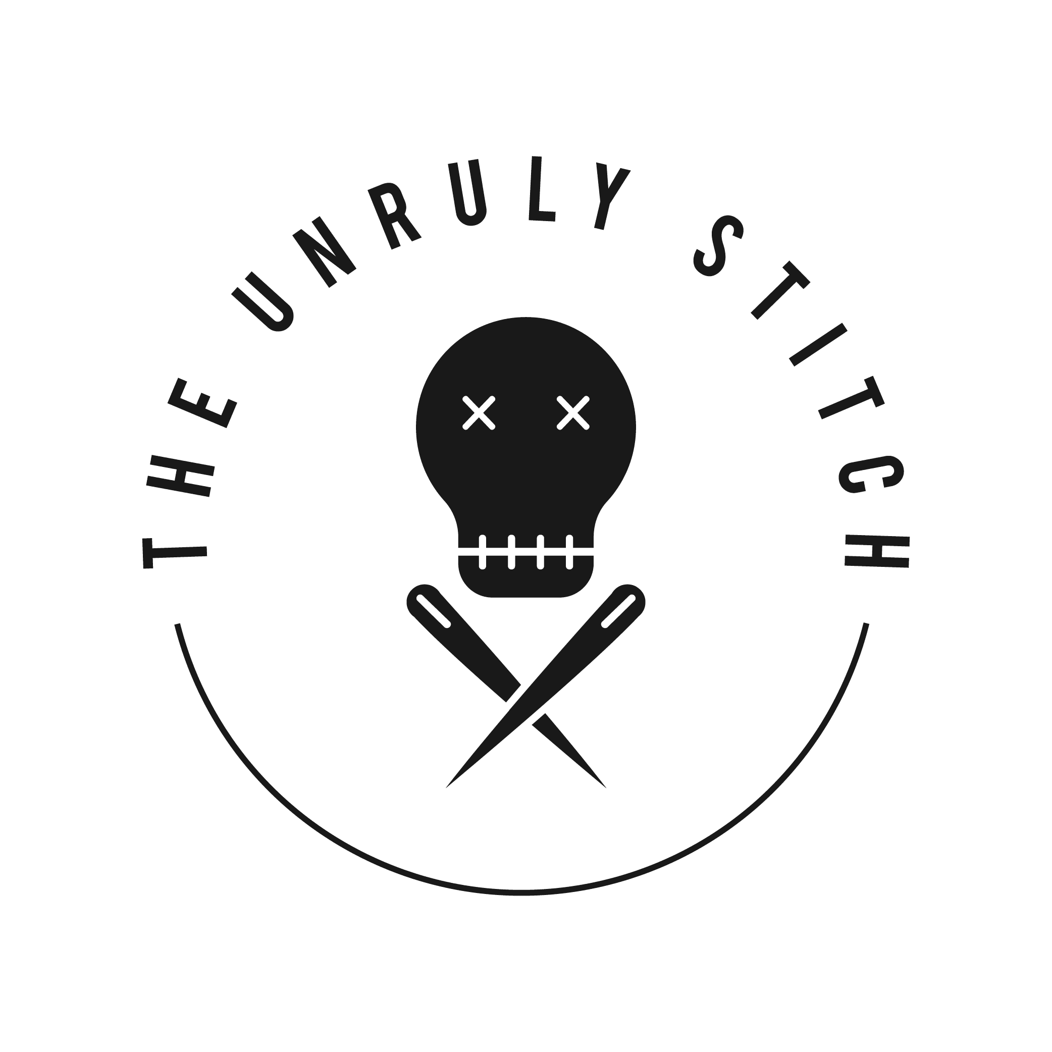 The Unruly Stitch logo - skull over two crossed sewing needles