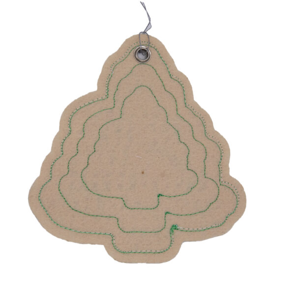 back of christmas tree decoration showing lines of green stitching