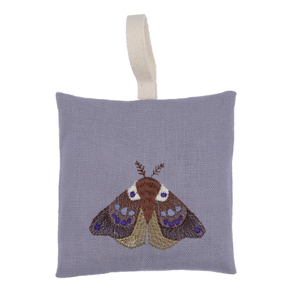 silver linen moth repellant bag. Embroidered moth has wings closed