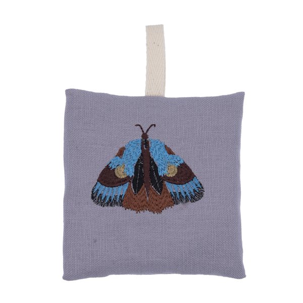 silver linen moth repellant bag. Embroidered moth has wings closed