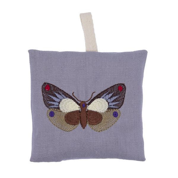 silver linen moth repellant bag. Embroidered moth has wings open.